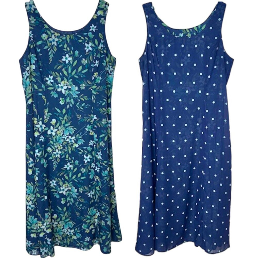 Coldwater Creek Reversible A-Line Maxi - Blue/Green Dots/Florals - Travel - 14P
